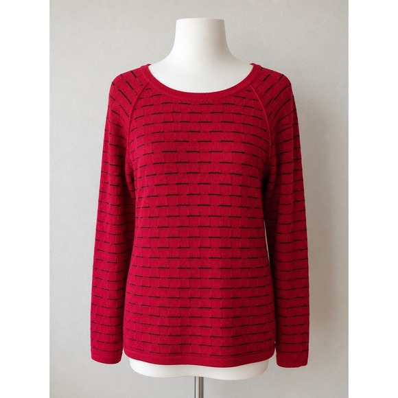 Karen Scott Sweaters - Karen Scott Red Basketweave Textured Striped Raglan Sweater Womens Medium